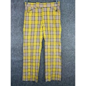 Vintage IZOD Golf Yellow Plaid Pants 32x28.5 Flat Front Cotton Made In USA